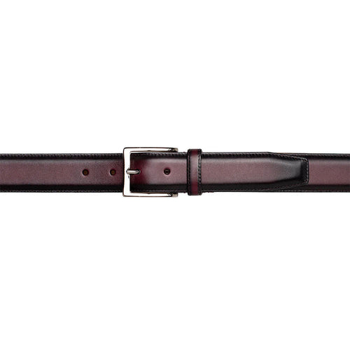 Burgundy Mezlan calfskin belt. Smooth patina with slight sheen. Standard holes for sizing, silver-tone buckle. Classic, stylish design.
