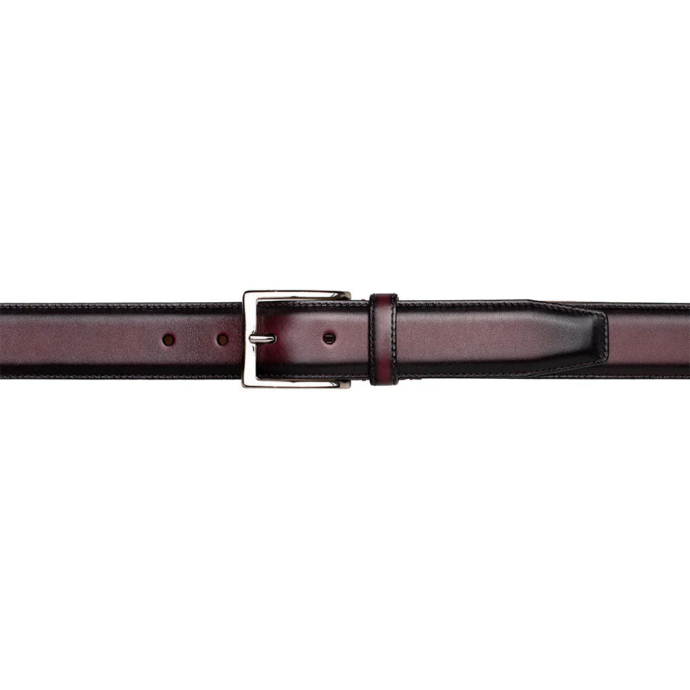 Burgundy Mezlan calfskin belt. Smooth patina with slight sheen. Standard holes for sizing, silver-tone buckle. Classic, stylish design.
