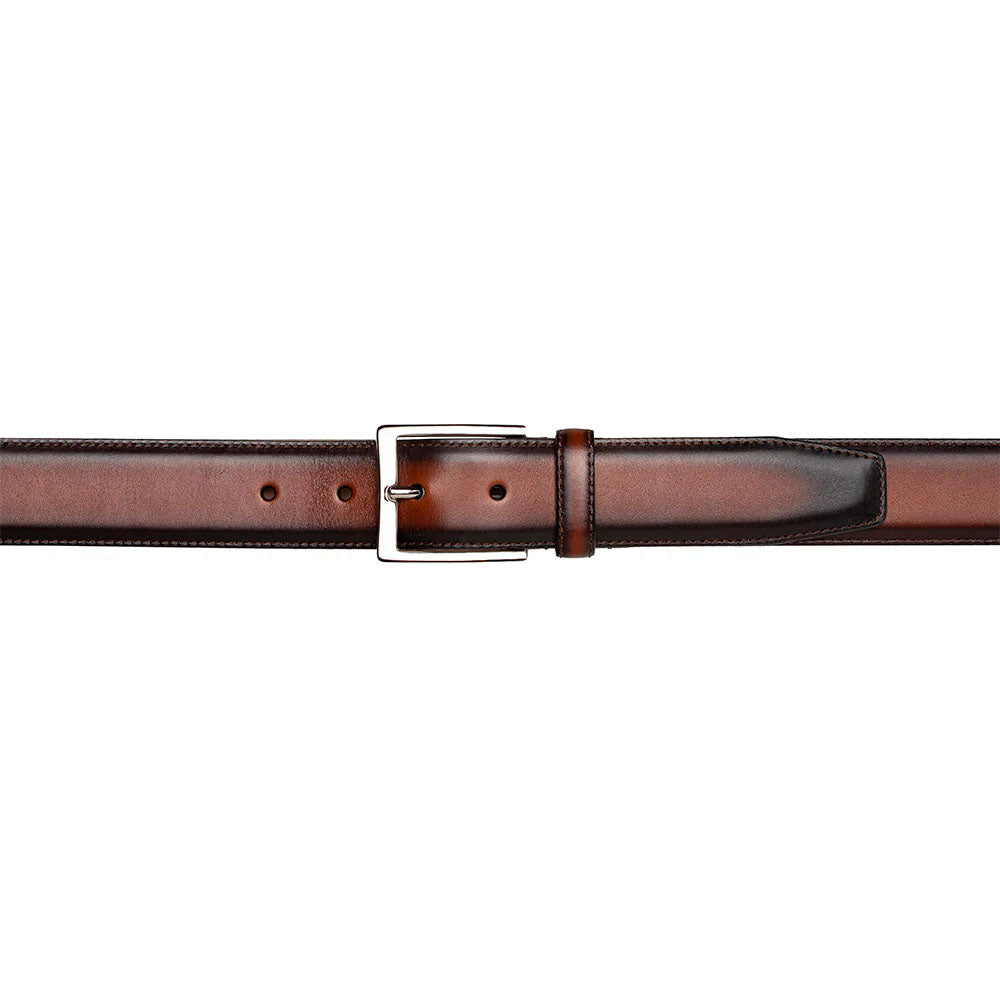Mezlan cognac patina belt crafted from smooth calfskin. Classic straight design with tonal variations. Silver buckle, adjustable notch holes, and leather keeper.

