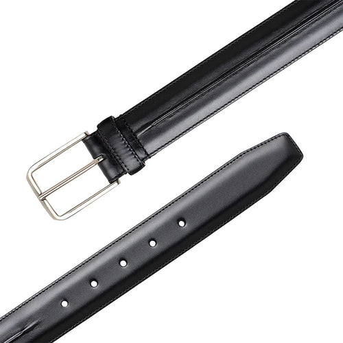 Black Mezlan calfskin belt. Smooth finish, classic rectangular metal buckle. Evenly spaced holes for adjustment. Tapered, pointed end.
