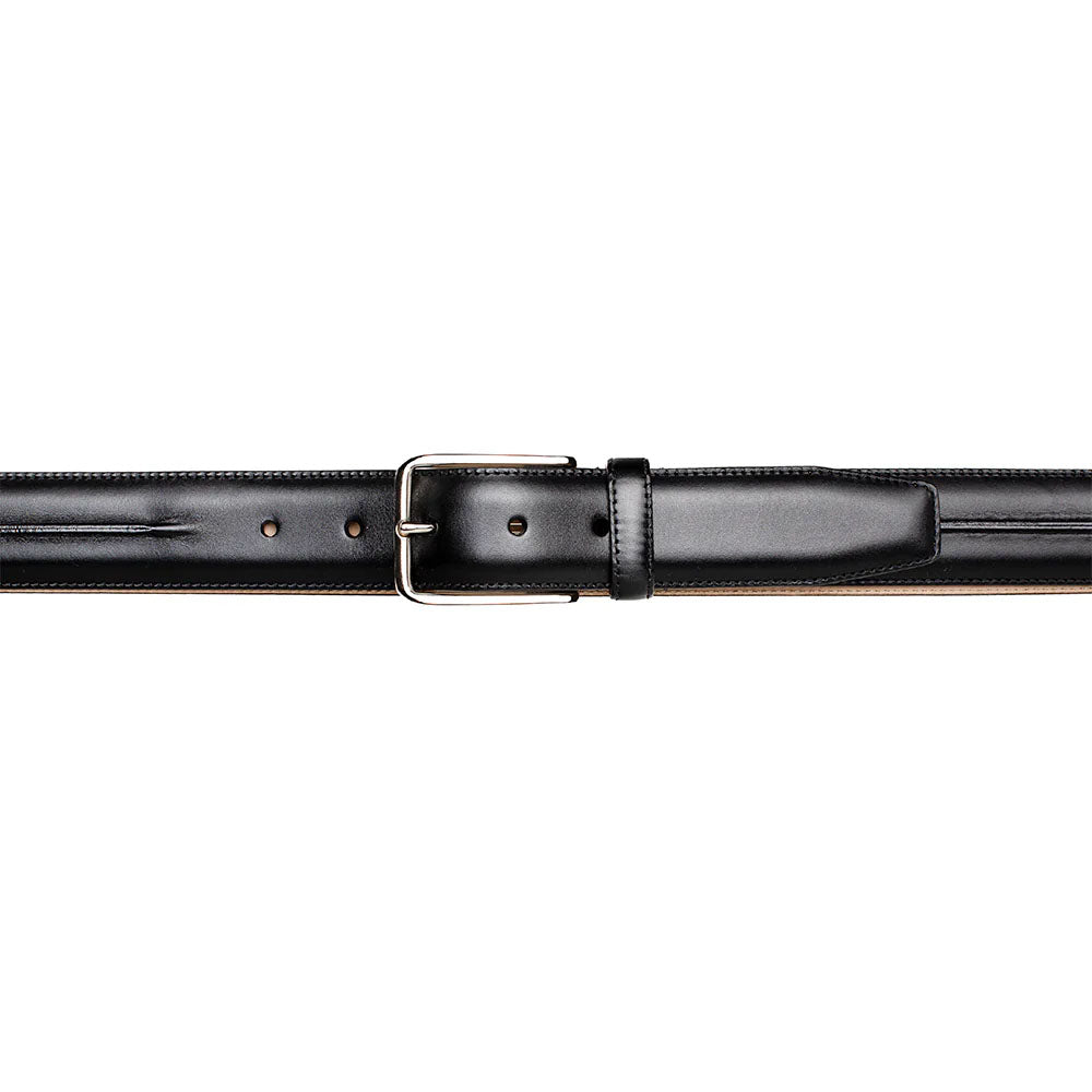 Mezlan's Center belt: Black calfskin, flat, smooth finish. Silver buckle. Visible stitching. Adjustable with multiple holes. Elegant, classic design.
