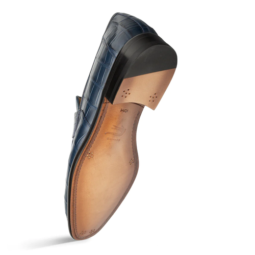Blue alligator Mezlan Piccolo loafer. Penny slot design, brown leather sole, small heel. Tan leather lining with branding.
