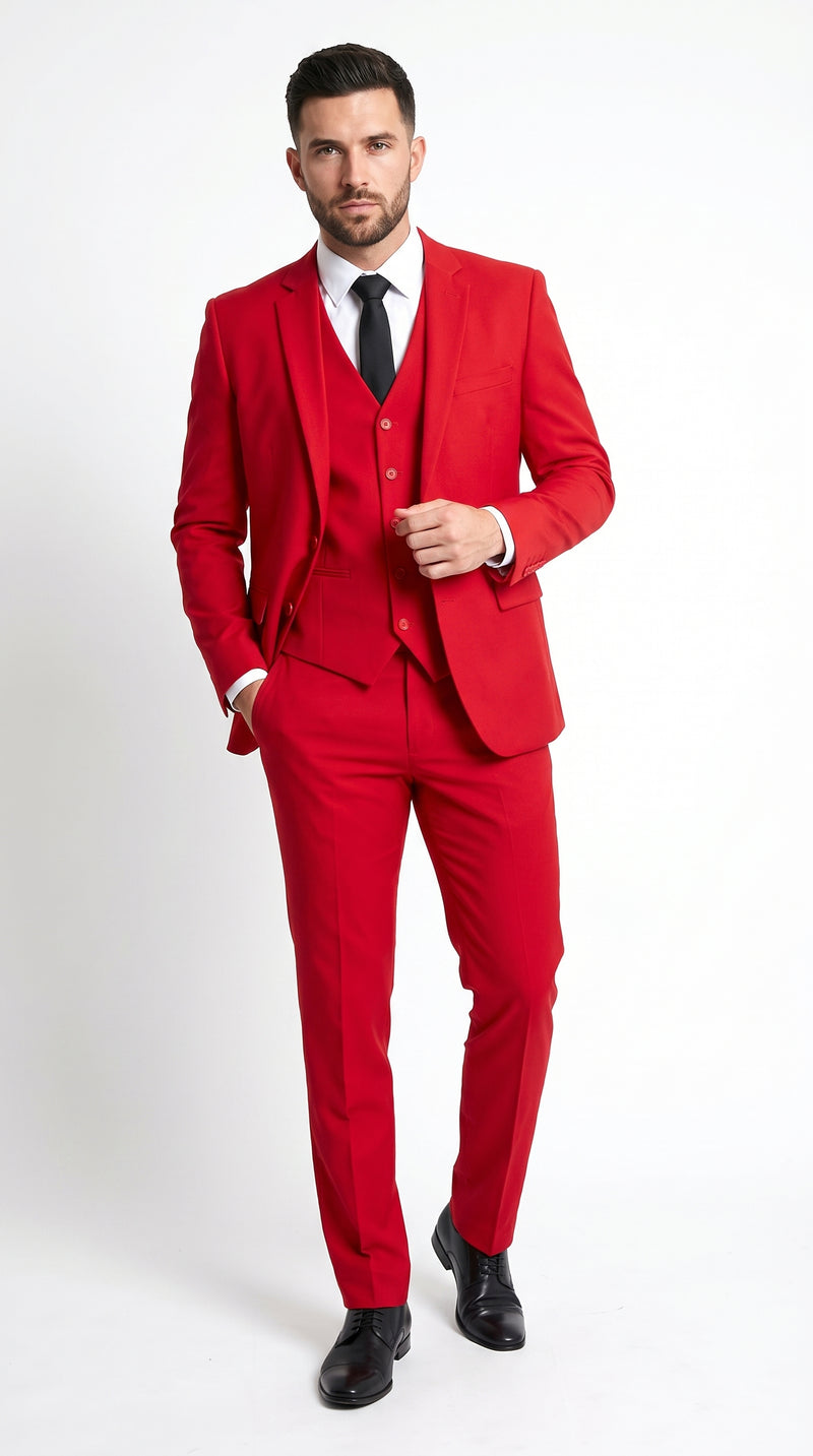Men’s Red 3 Piece Suit with Jacket, Vest and Pants, Formal Wedding Prom Dress Suit