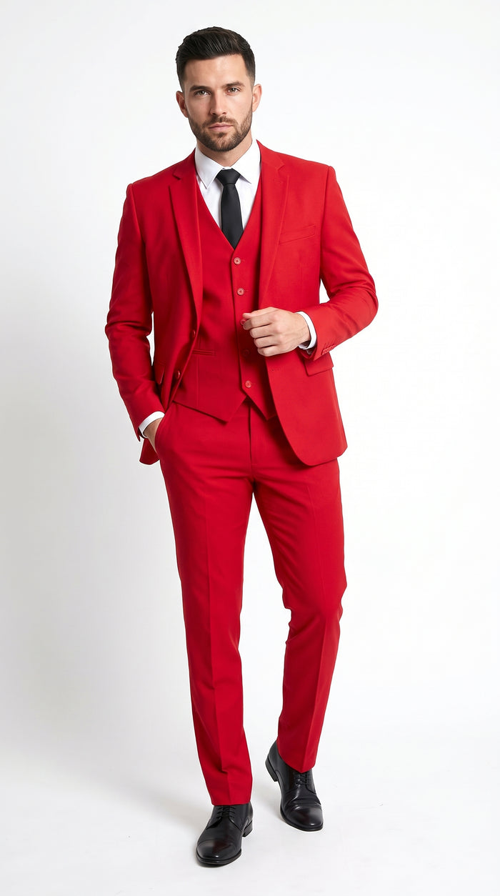 Men’s Red 3 Piece Suit with Jacket, Vest and Pants, Formal Wedding Prom Dress Suit