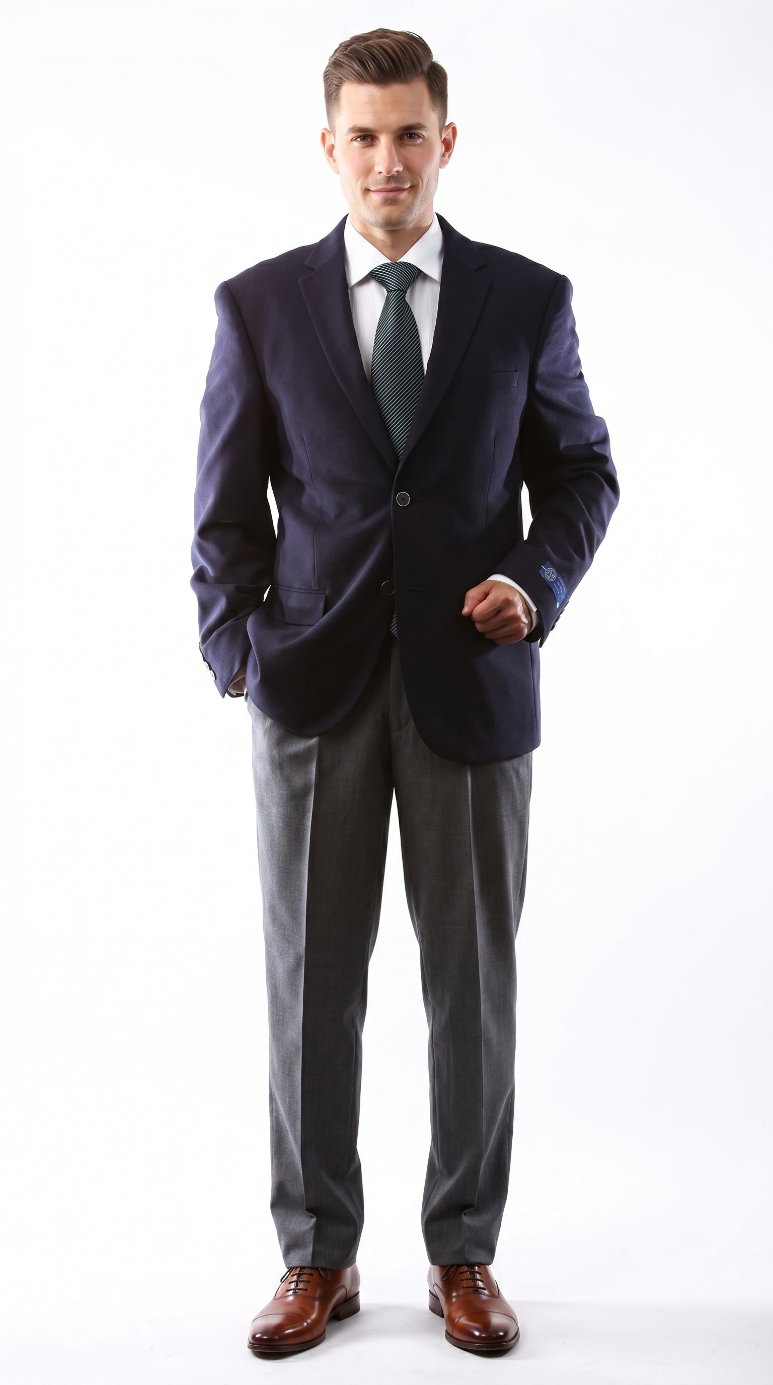 Men’s Navy 2 Button Blazer, Superior 150s Wool Feel Microfiber Formal Business Jacket