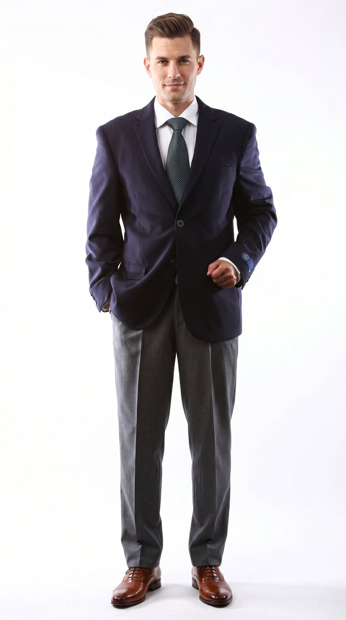 Men’s Navy 2 Button Blazer, Superior 150s Wool Feel Microfiber Formal Business Jacket