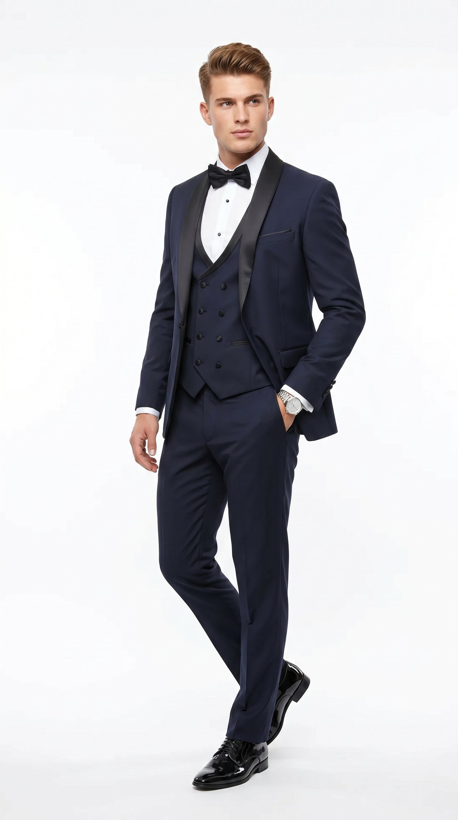 Men’s Navy 100% Wool Vested Tuxedo, Shawl Lapel Wedding Prom Formal Suit Set