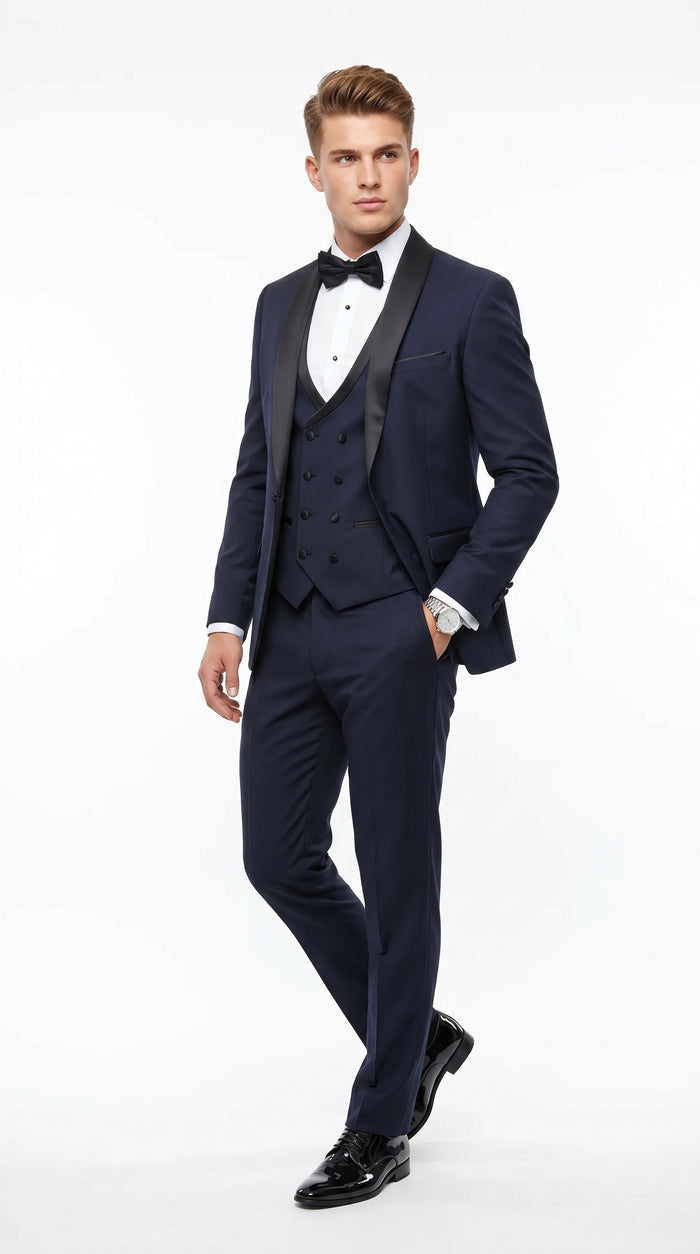 Men’s Navy 100% Wool Vested Tuxedo, Shawl Lapel Wedding Prom Formal Suit Set