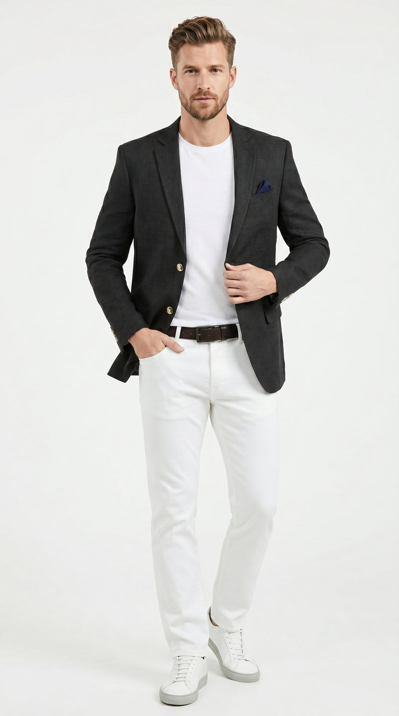 Men’s Black Linen Blazer, Classic Sport Coat for Summer Wedding Business Casual Wear