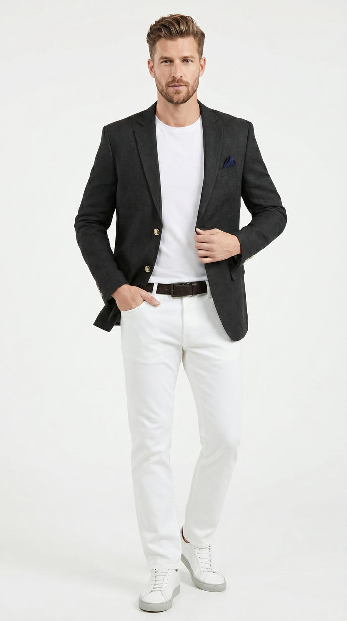 Men’s Black Linen Blazer, Classic Sport Coat for Summer Wedding Business Casual Wear