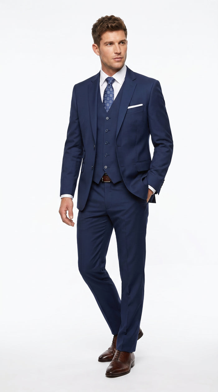 Statement Men’s Solid Sapphire 100% Wool Vested Suit, Formal Wedding Business 3 Piece Suit Set