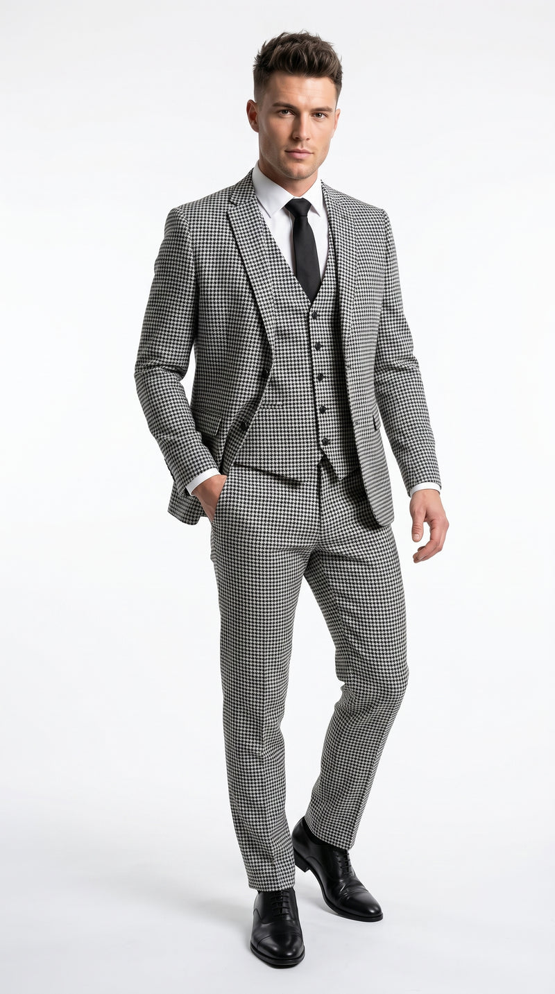Men’s Black and White Houndstooth Checkered 3 Piece Suit, Gray Checkered Formal Wedding Business Suit Set