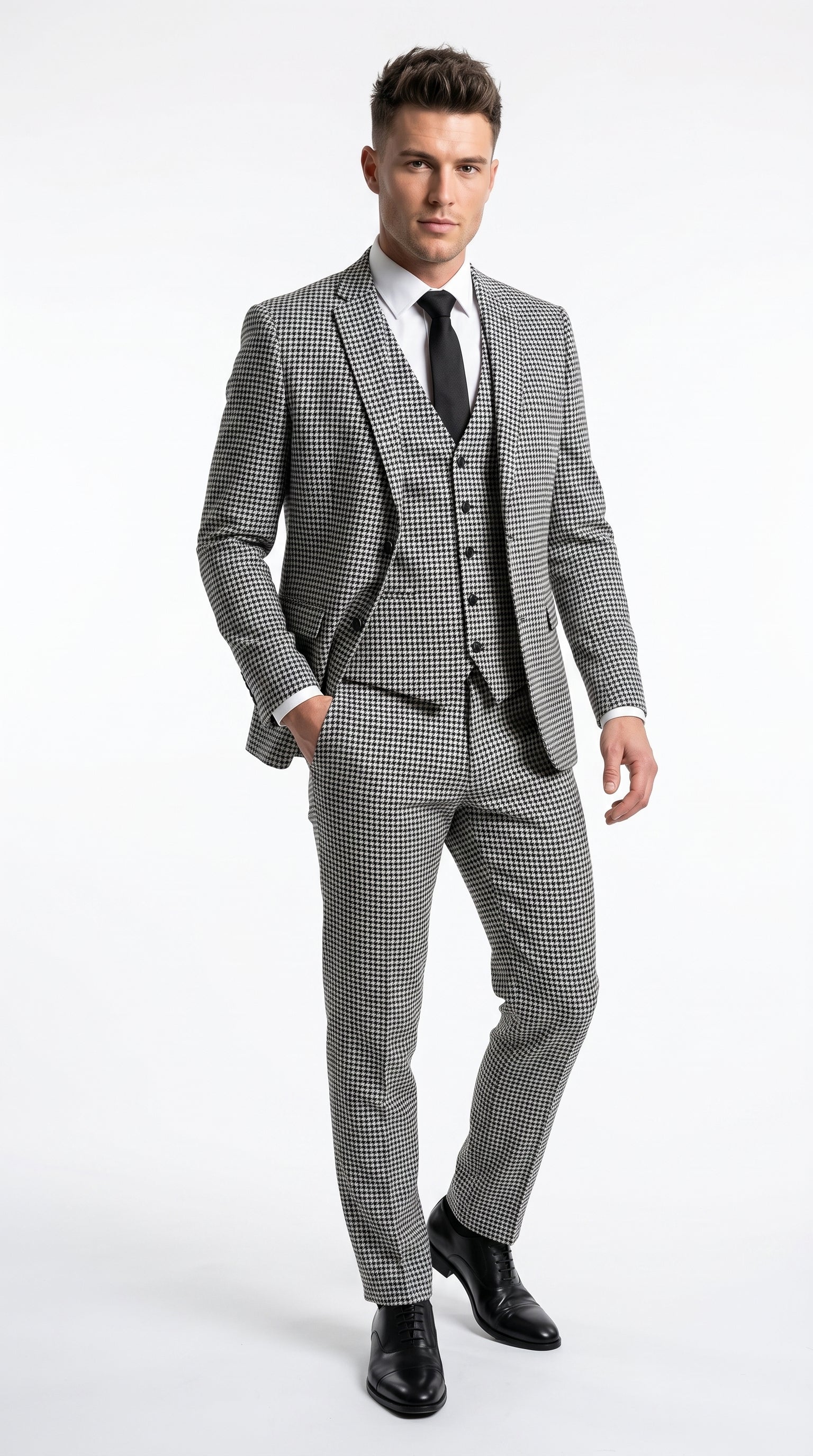 Men’s Black and White Houndstooth Checkered 3 Piece Suit, Gray Checkered Formal Wedding Business Suit Set