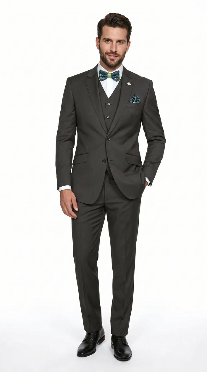 Statement Men’s Solid Olive 100% Wool Vested Suit, Formal Wedding Business 3 Piece Suit Set