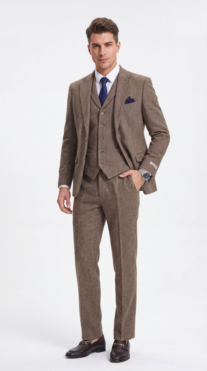 Stacy Adams Men’s Herringbone 3 Piece Hybrid Fit Suit, Formal Wedding Business Suit in Brown and Gray