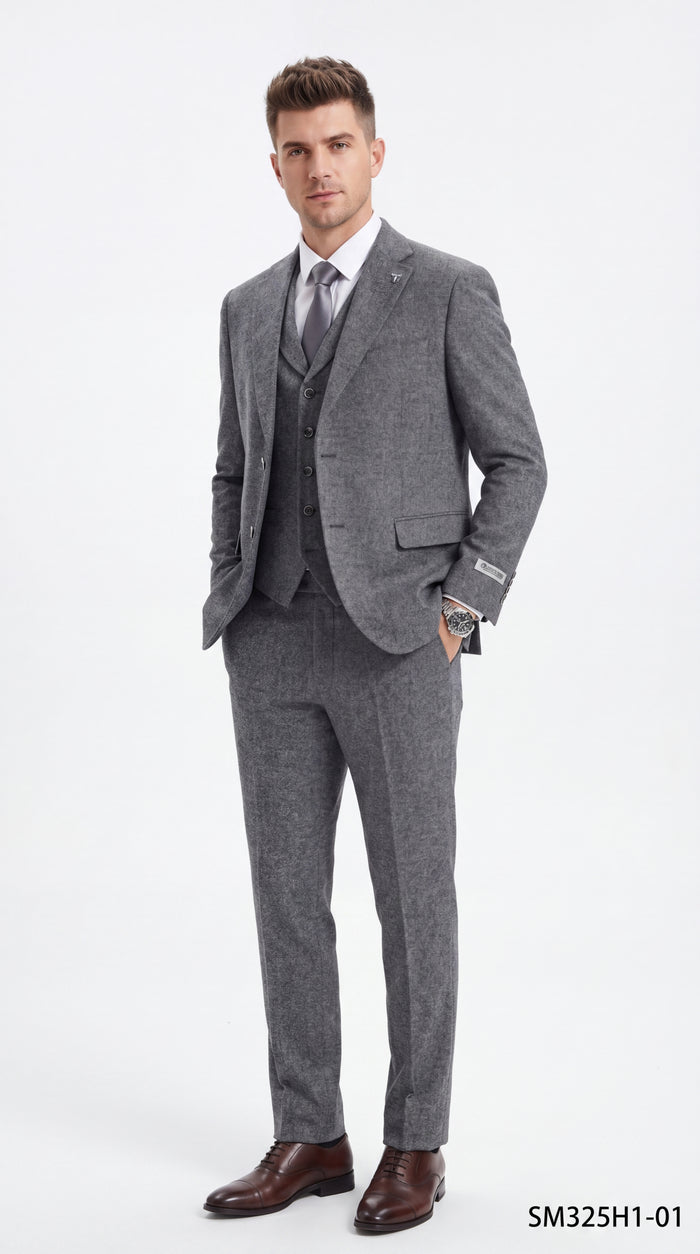 Stacy Adams Men’s Herringbone 3 Piece Hybrid Fit Suit, Formal Wedding Business Suit in Brown and Gray