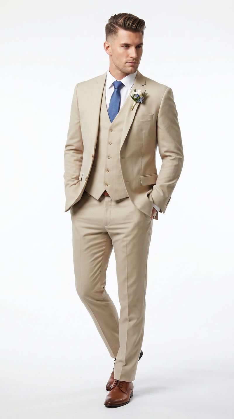Men’s Tan Slim Fit 3 Piece Beach Wedding Suit with Vest, Summer Formal Dress Suit