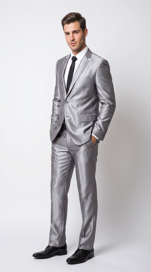 Men’s Silver Sharkskin 2 Piece Suit, Italian Styled Formal Wedding Prom Dress Suit