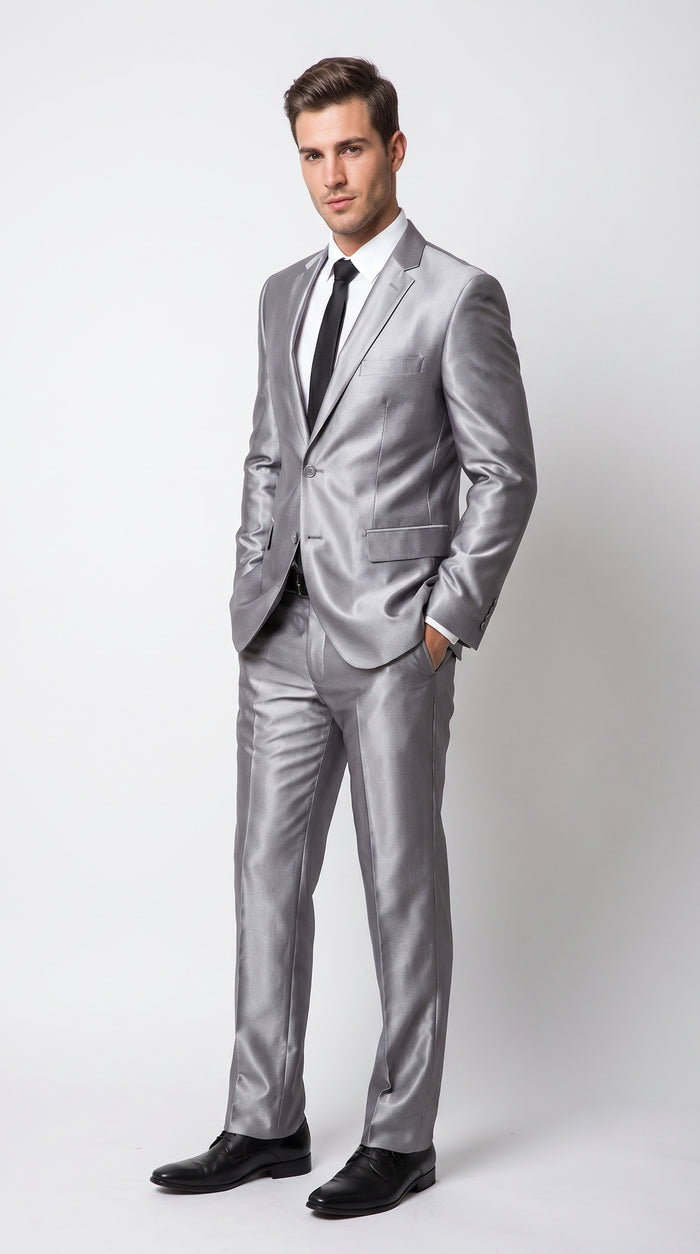 Men’s Silver Sharkskin 2 Piece Suit, Italian Styled Formal Wedding Prom Dress Suit
