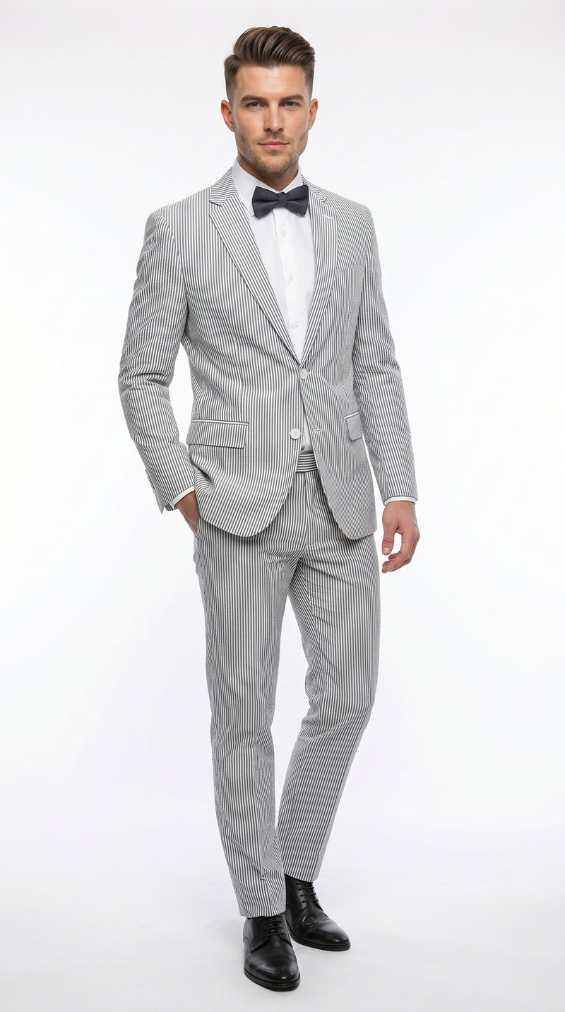 Men’s Gray Seersucker Suit, Lightweight Summer Wedding Prom Dress Suit