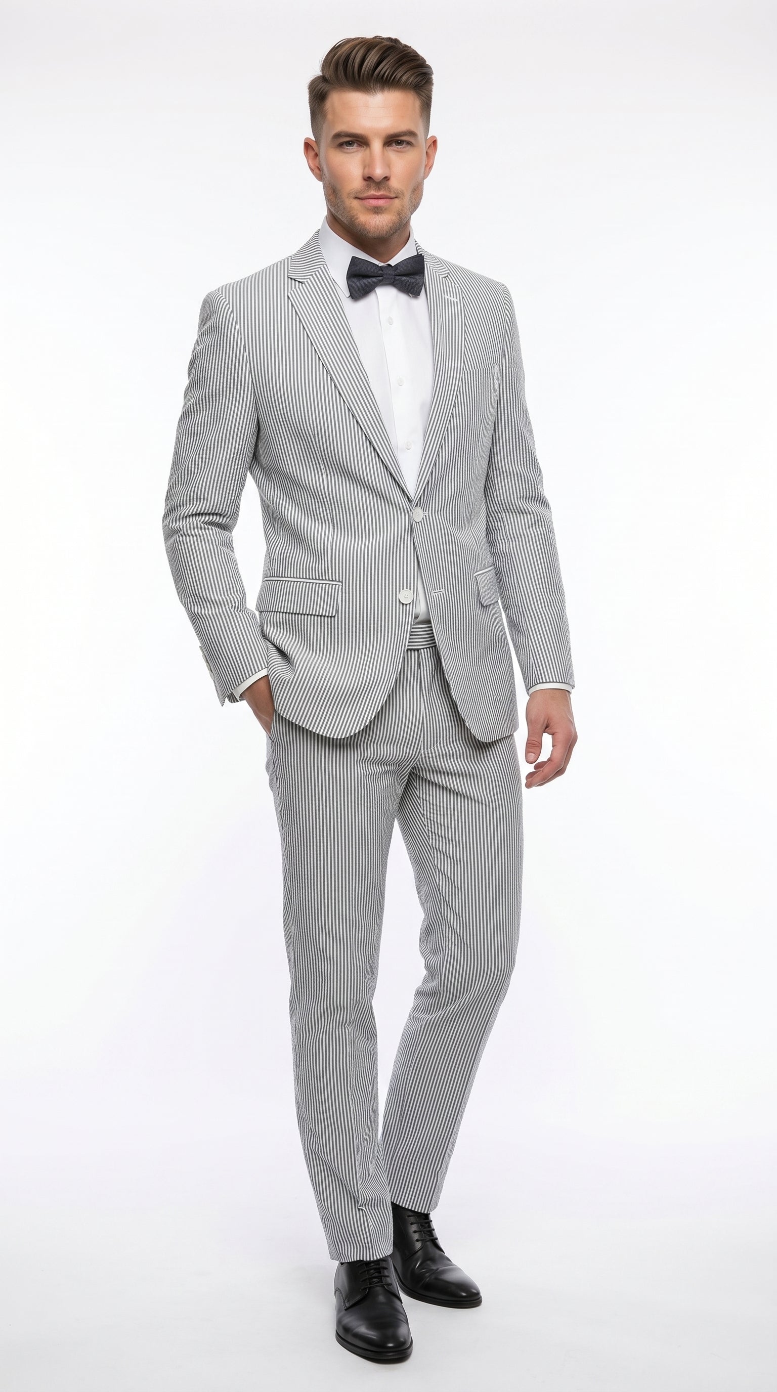 Men’s Gray Seersucker Suit, Lightweight Summer Wedding Prom Dress Suit