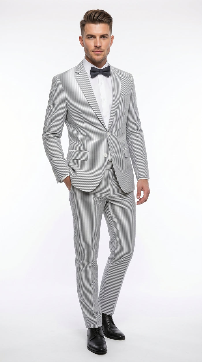 Men’s Gray Seersucker Suit, Lightweight Summer Wedding Prom Dress Suit