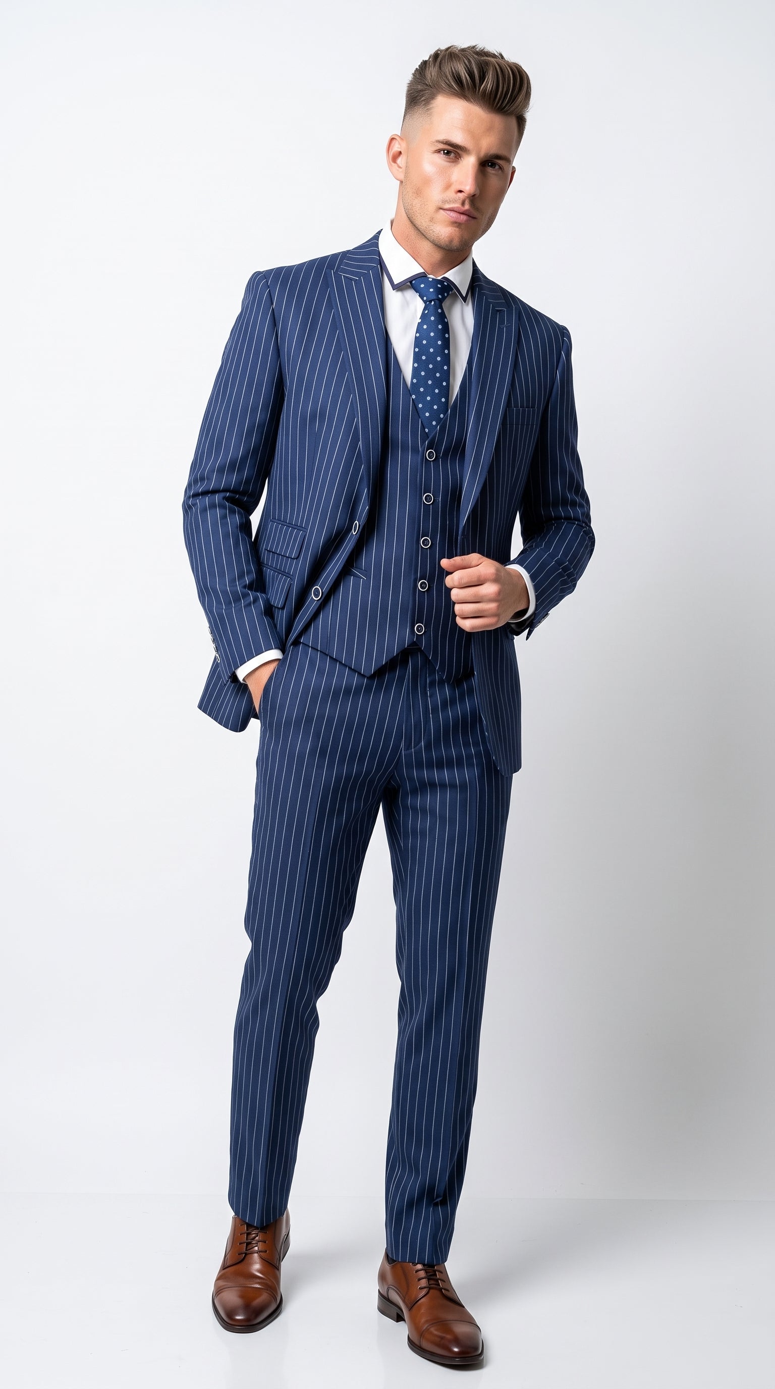 Men’s Navy Blue Vested Bold Gangster Pinstripe Suit, 3 Piece Formal 1920s Dress Suit