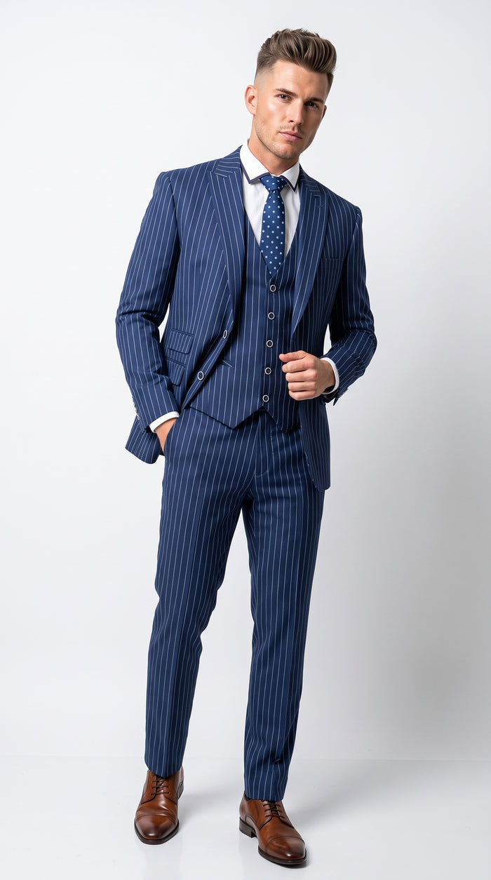 Men’s Navy Blue Vested Bold Gangster Pinstripe Suit, 3 Piece Formal 1920s Dress Suit