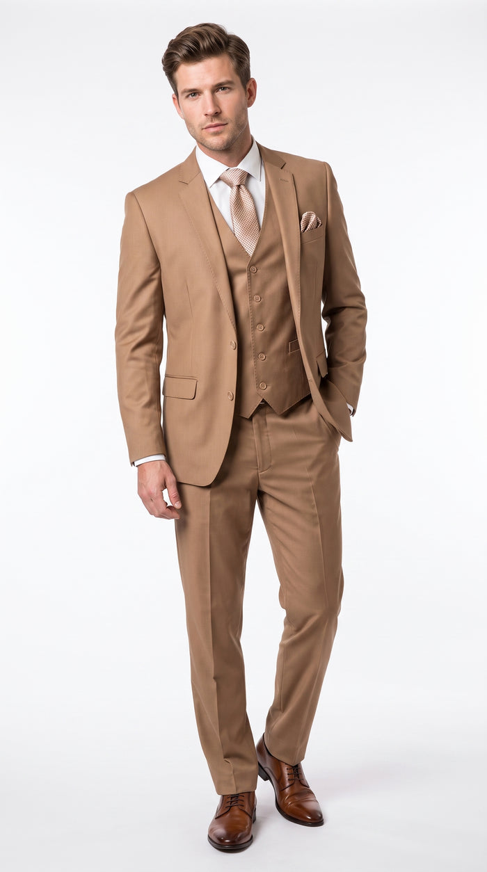 Men’s Caramel 2 Button Modern Fit Vested Wool Suit, Formal Wedding Business Dress Suit