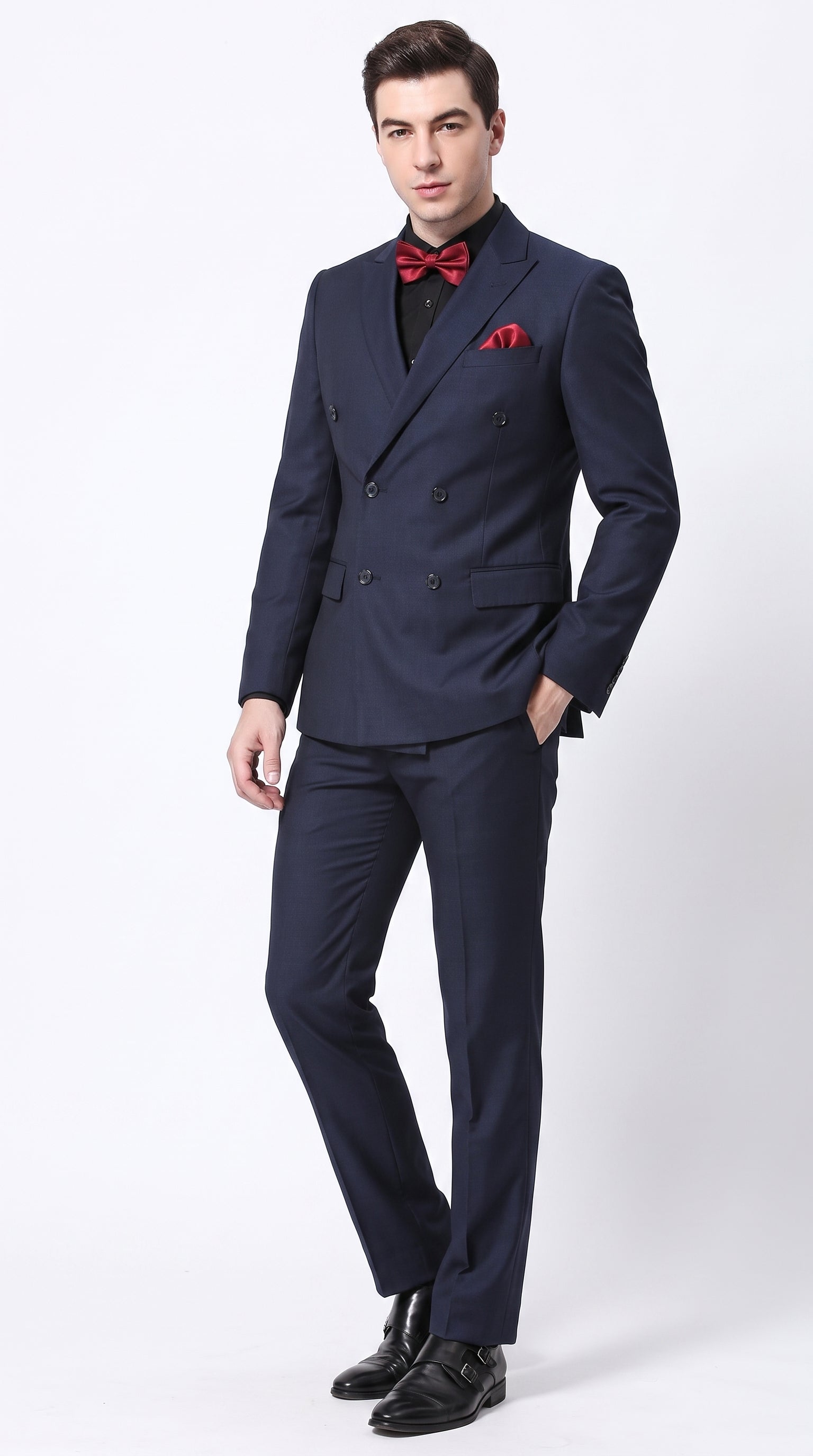 Men’s Navy Ultra Slim Fit Double Breasted Suit with Narrow Leg Pants, Tapered Jacket Formal Suit