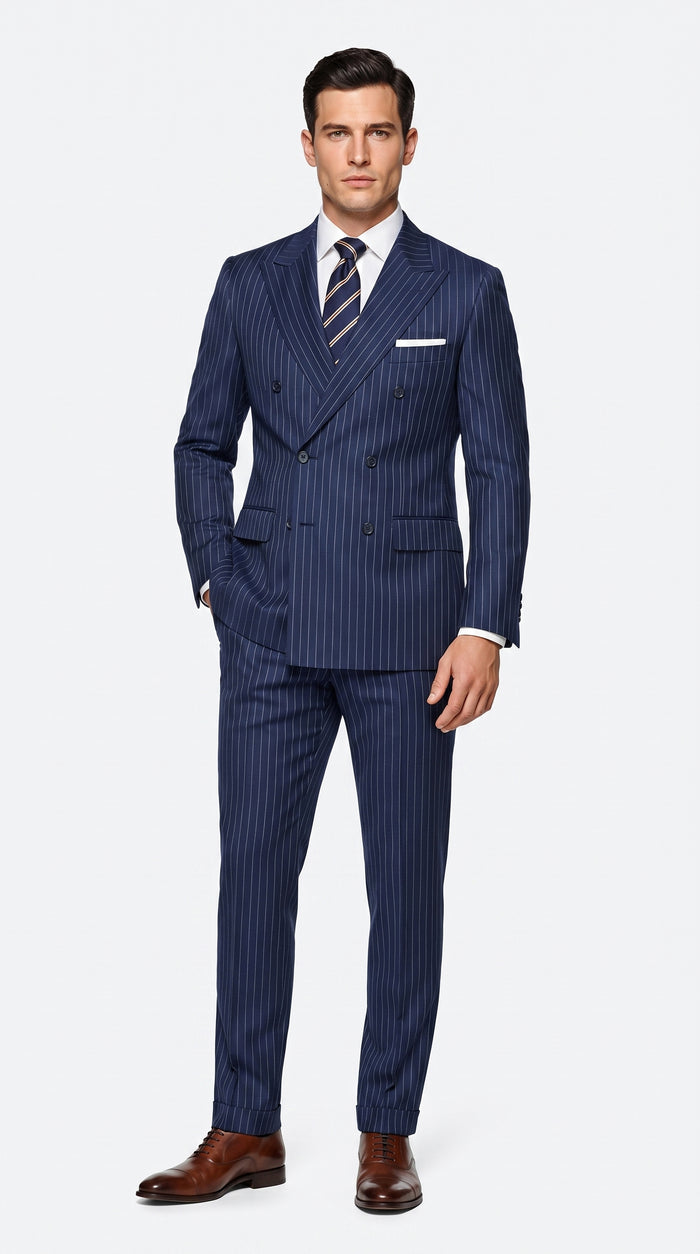 Men’s Navy Blue Double Breasted Pinstripe Suit, 100% Wool Formal Dress Suit