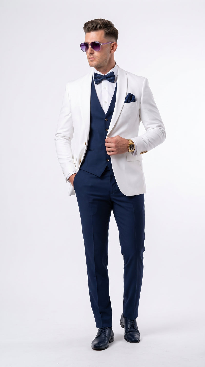 Men’s White and Navy Blue Wedding Suit, White Dinner Jacket with Navy Vest, Pants and Bow Tie