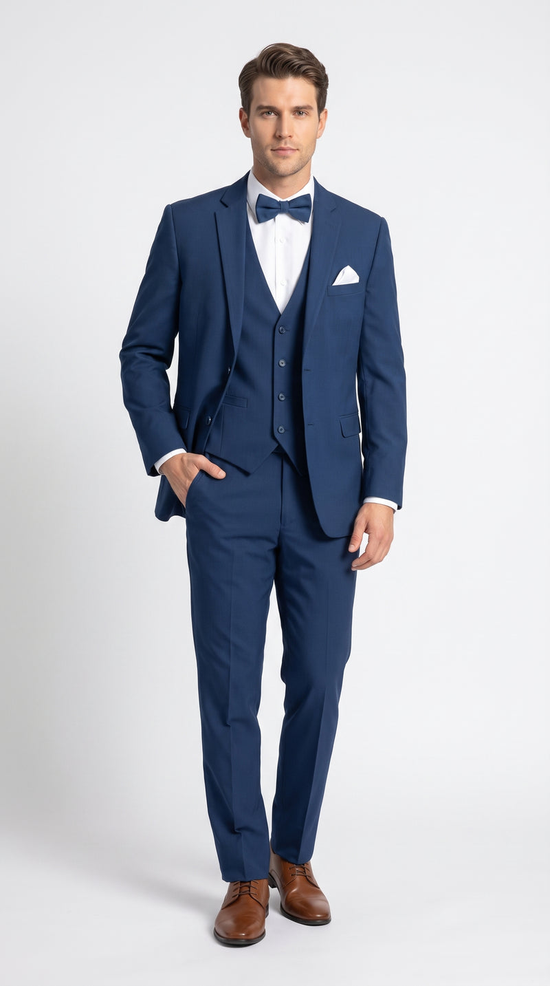 Men’s French Blue Tuxedo Suit with Matching Vest, Bow Tie and Satin Collar