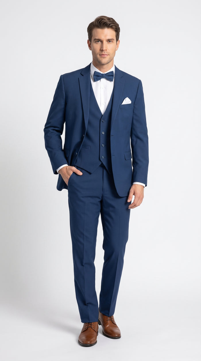 Men’s French Blue Tuxedo Suit with Matching Vest, Bow Tie and Satin Collar