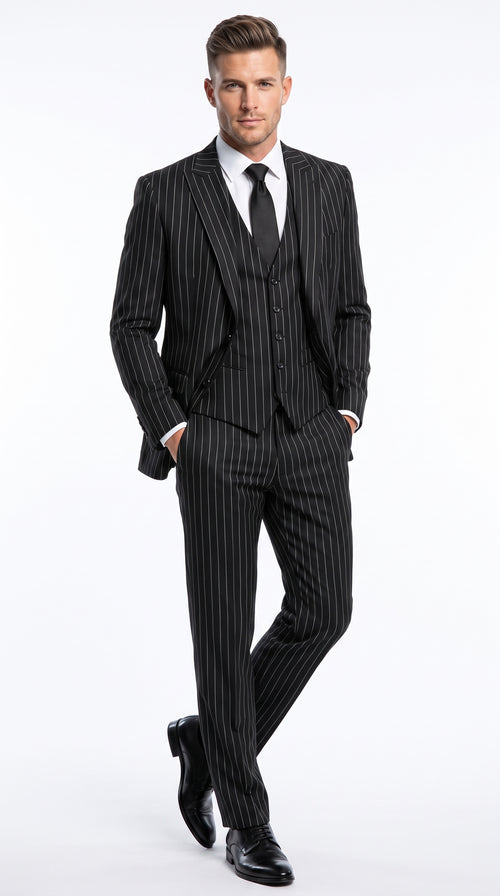 Men’s Black 2 Button Gangster Pinstripe Suit with Vest, Mobster Mafia Style Formal Suit