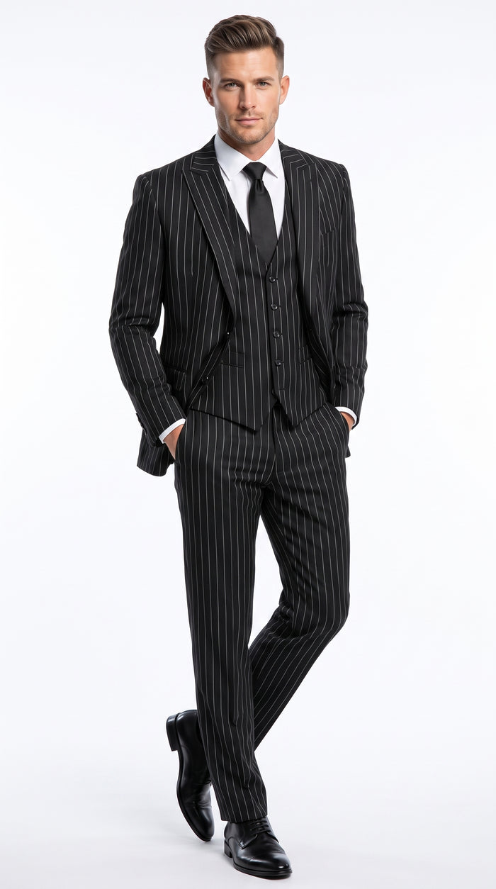 Men’s Black 2 Button Gangster Pinstripe Suit with Vest, Mobster Mafia Style Formal Suit