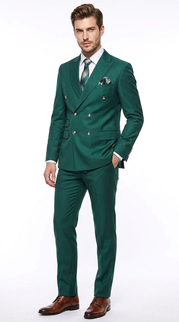 Men’s Hunter Green Double Breasted Wool Suit with Gold Buttons, Modern Fit Formal Wedding Suit