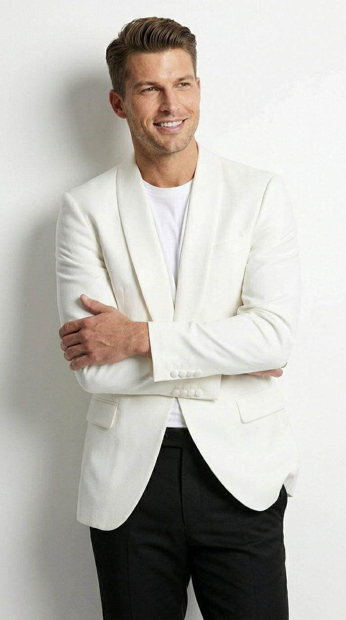 Men’s White Dinner Jacket with Shawl Lapel, Affordable Formal Tuxedo Blazer for Wedding and Prom