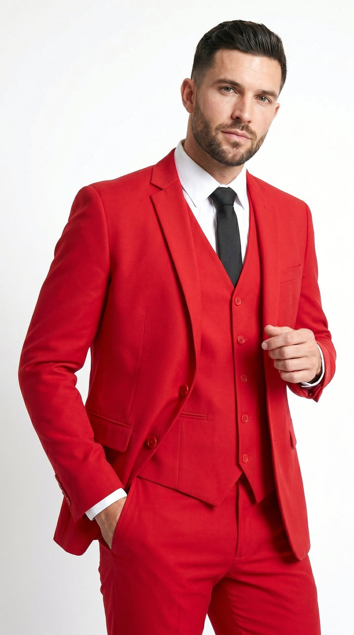 Men’s Red 3 Piece Suit with Jacket, Vest and Pants, Formal Wedding Prom Dress Suit