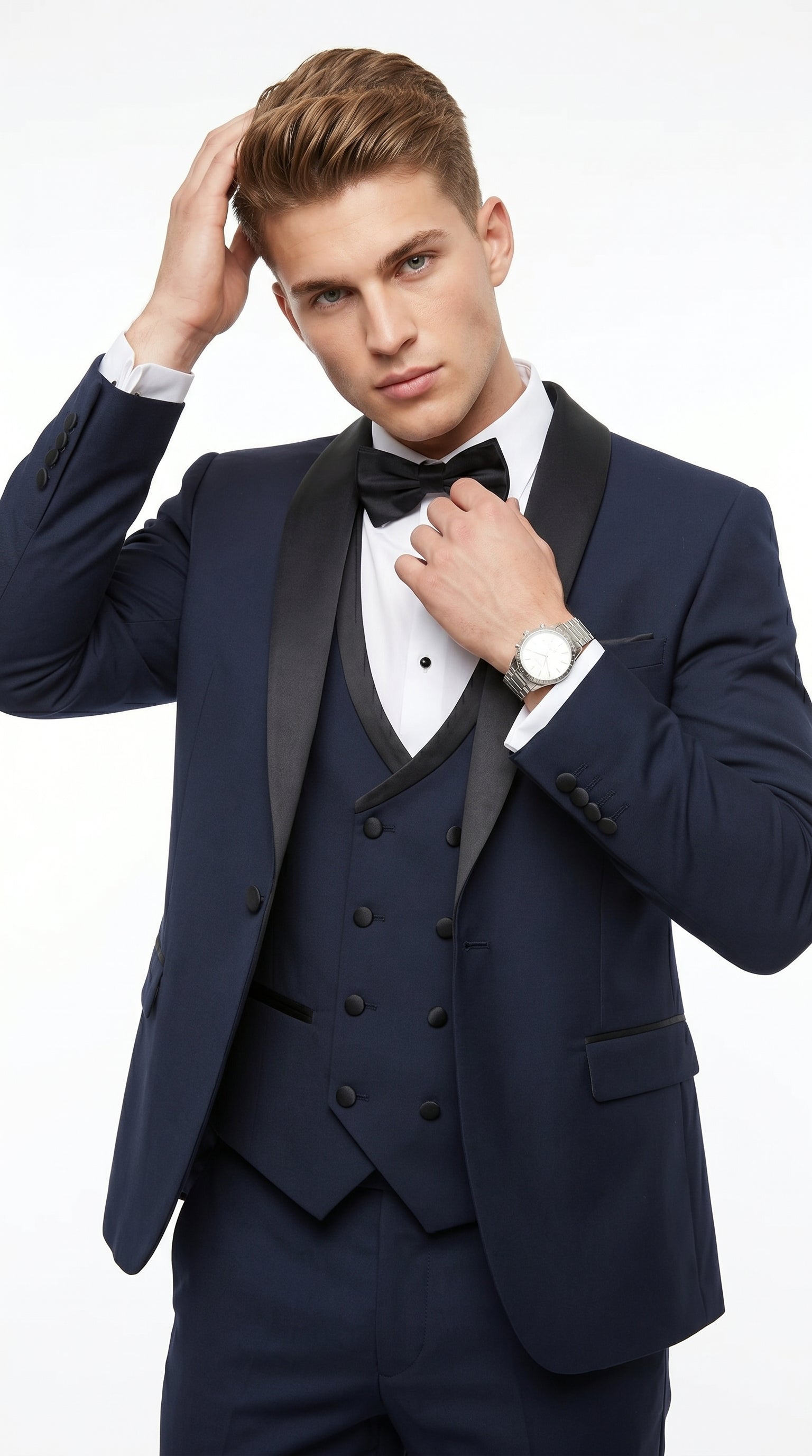 Men’s Navy 100% Wool Vested Tuxedo, Shawl Lapel Wedding Prom Formal Suit Set