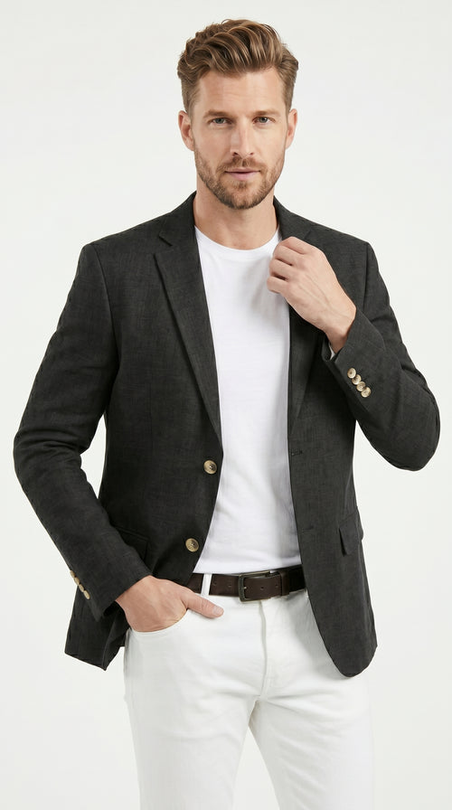 Men’s Black Linen Blazer, Classic Sport Coat for Summer Wedding Business Casual Wear