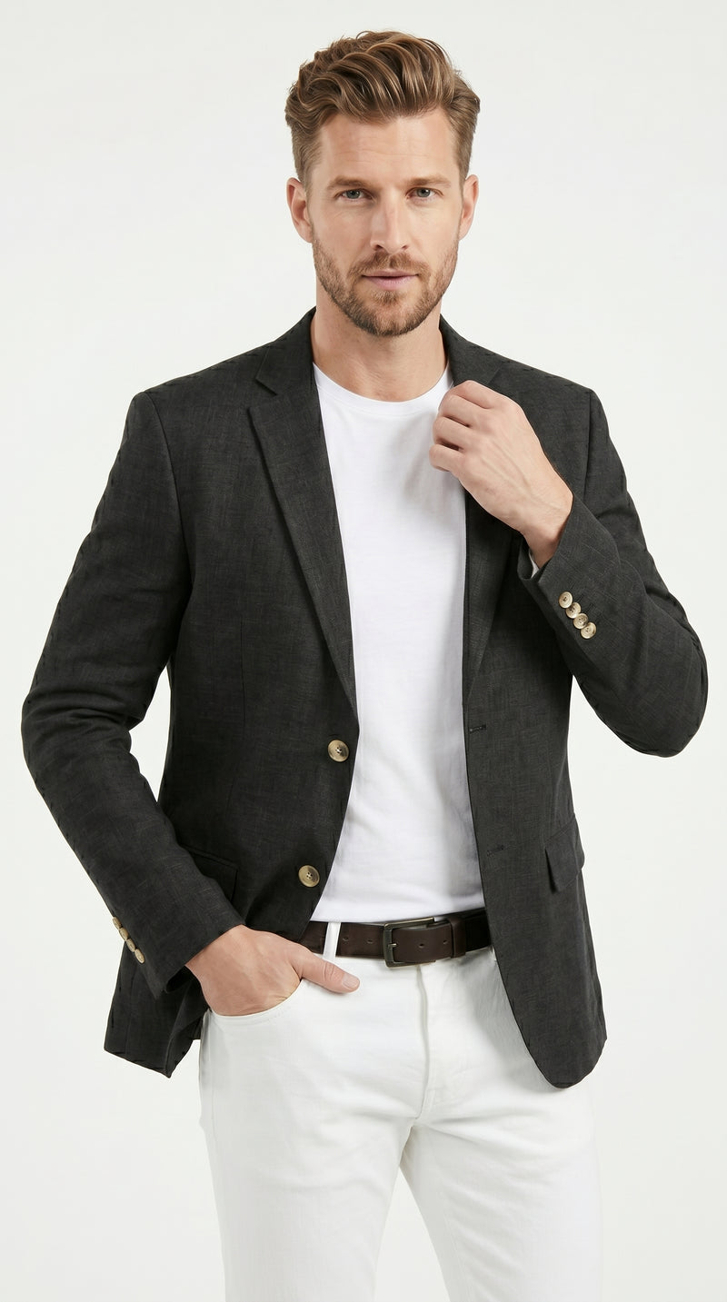 Men’s Black Linen Blazer, Classic Sport Coat for Summer Wedding Business Casual Wear