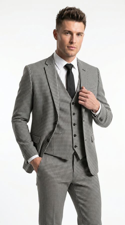 Men’s Black and White Houndstooth Checkered 3 Piece Suit, Gray Checkered Formal Wedding Business Suit Set