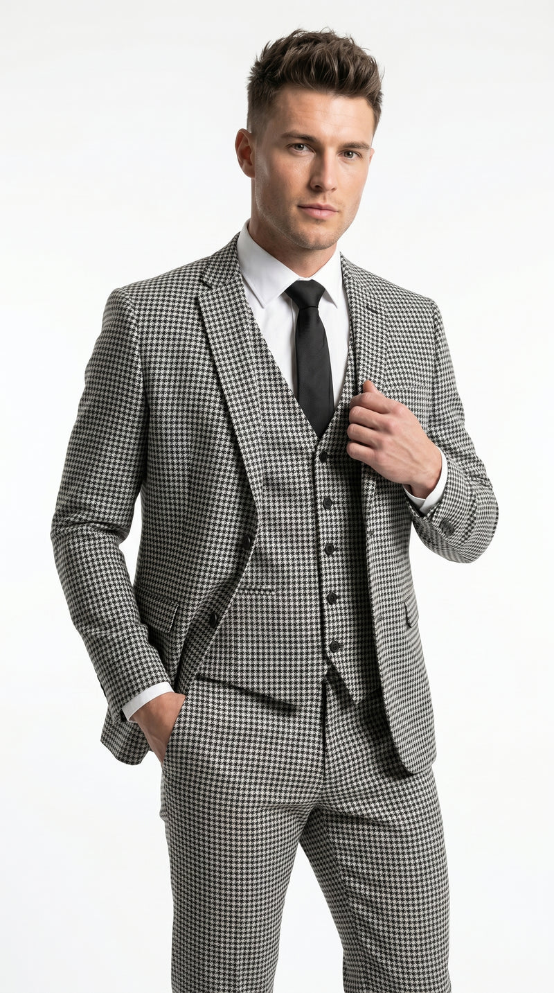 Men’s Black and White Houndstooth Checkered 3 Piece Suit, Gray Checkered Formal Wedding Business Suit Set