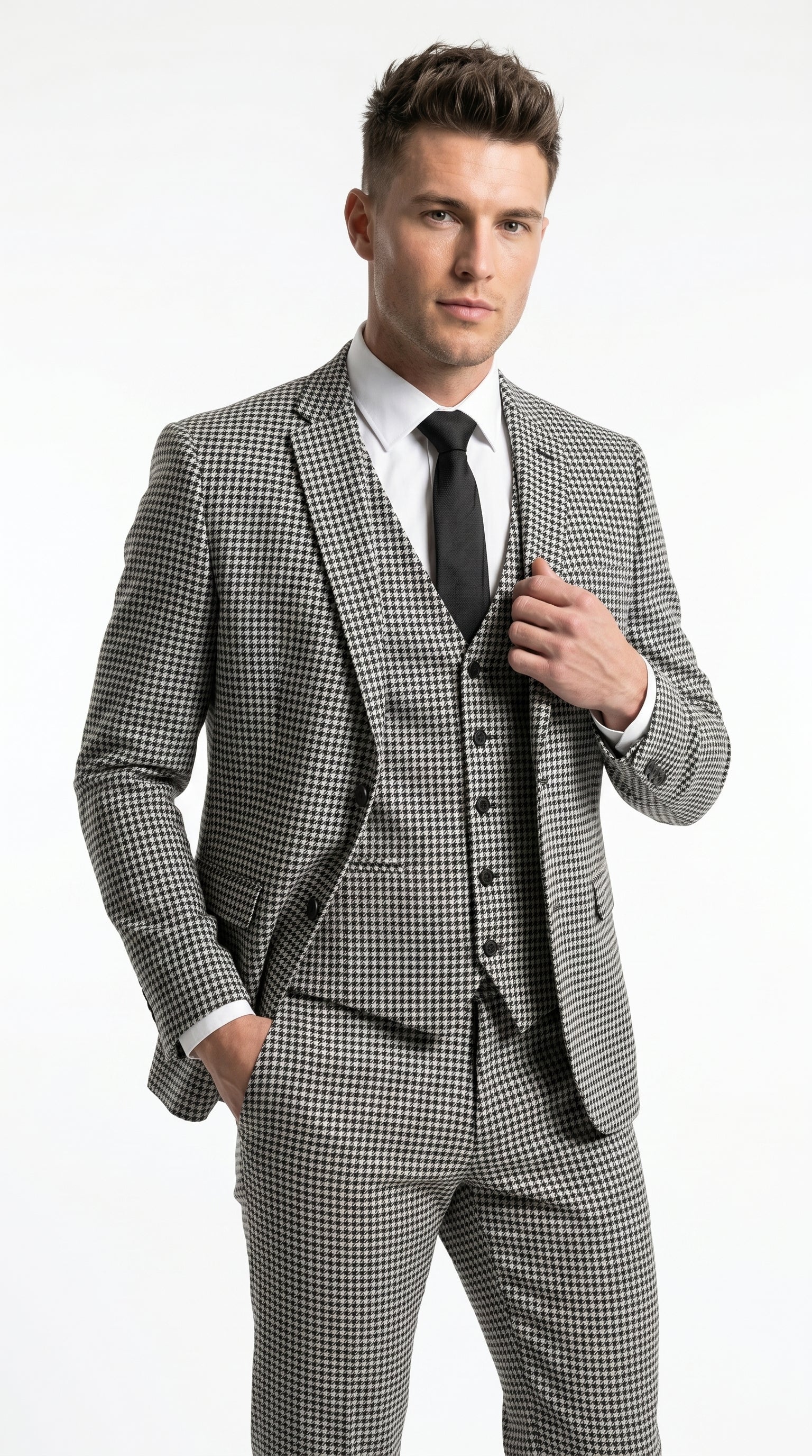 Men’s Black and White Houndstooth Checkered 3 Piece Suit, Gray Checkered Formal Wedding Business Suit Set