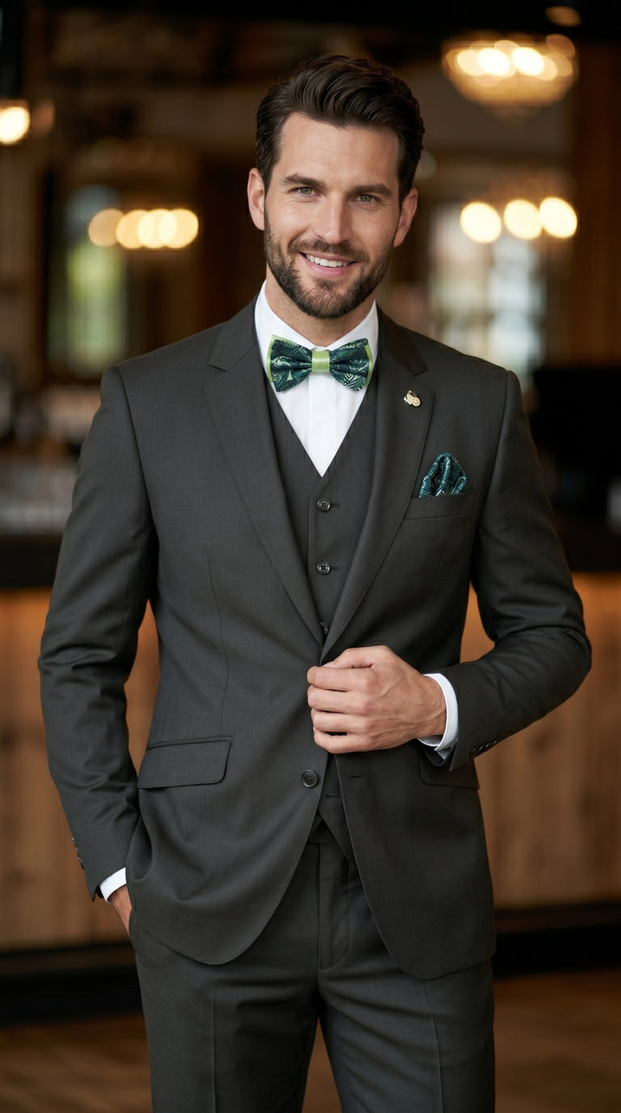Statement Men’s Solid Olive 100% Wool Vested Suit, Formal Wedding Business 3 Piece Suit Set