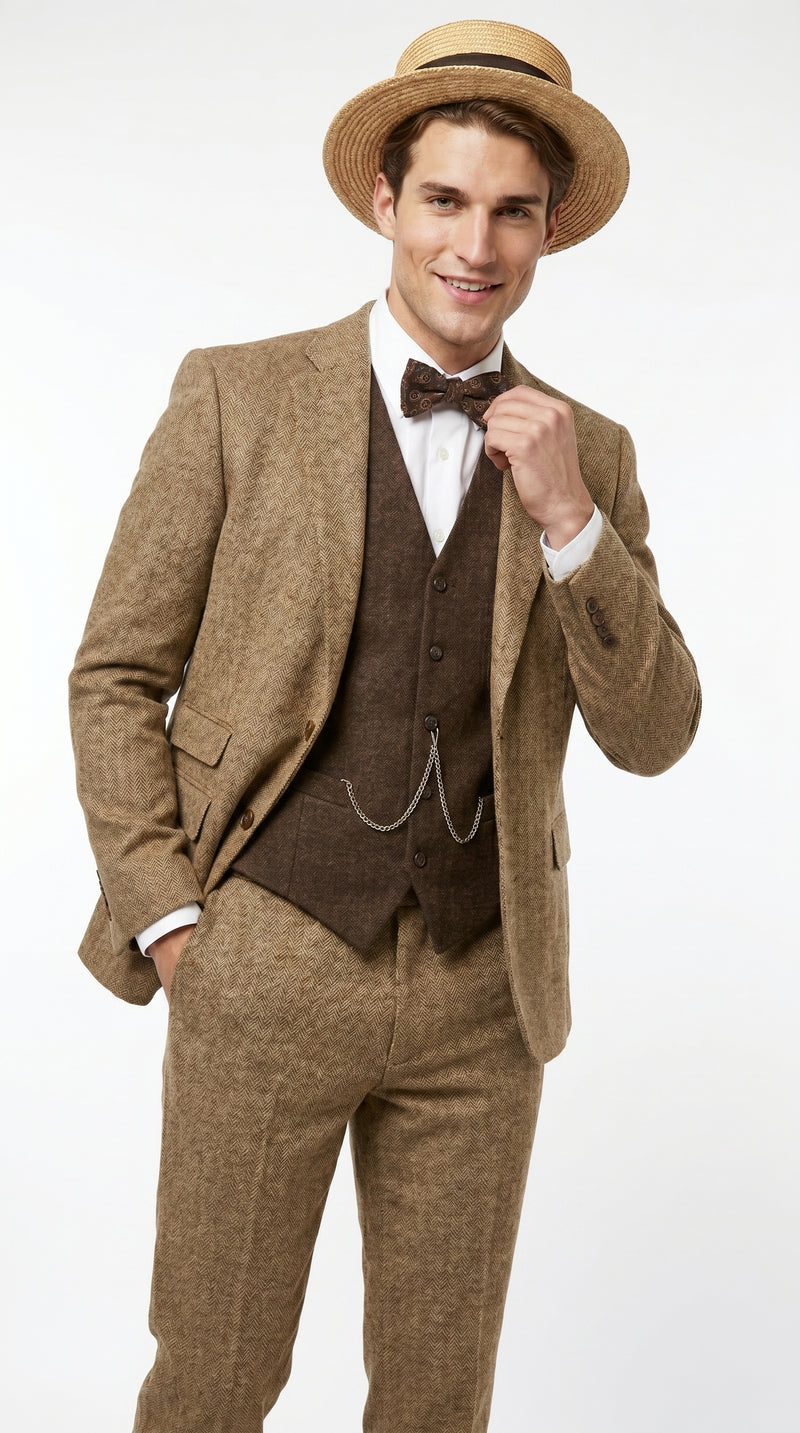 Men’s Camel Pocket Suit with Brown Vest, Vintage Inspired Formal Dress Outfit