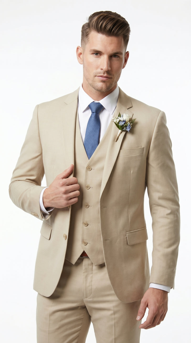 Men’s Tan Slim Fit 3 Piece Beach Wedding Suit with Vest, Summer Formal Dress Suit