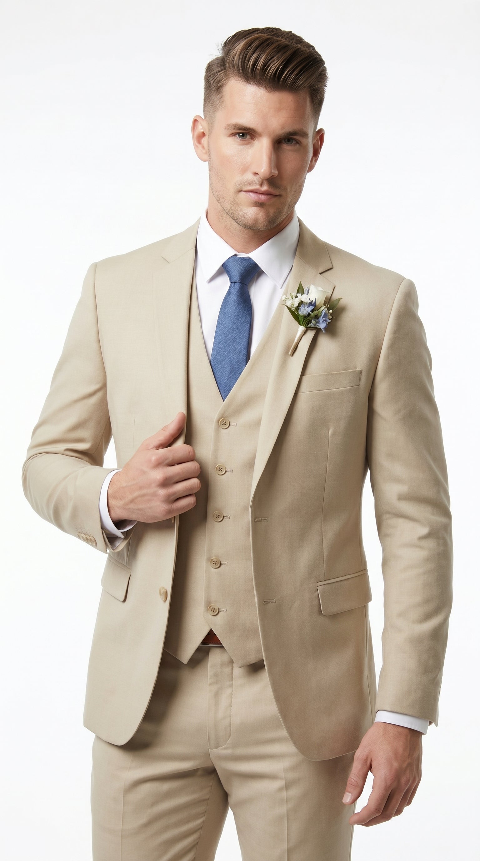 Men’s Tan Slim Fit 3 Piece Beach Wedding Suit with Vest, Summer Formal Dress Suit