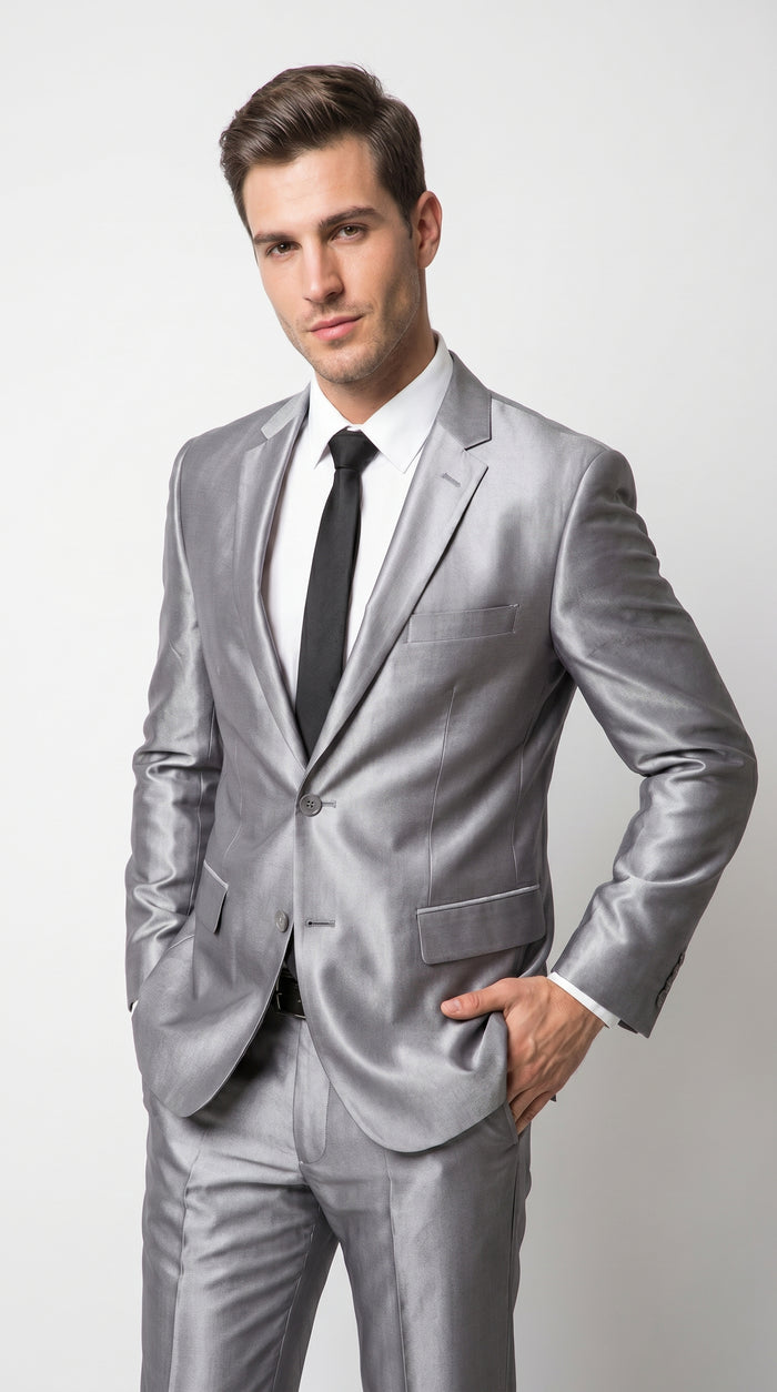 Men’s Silver Sharkskin 2 Piece Suit, Italian Styled Formal Wedding Prom Dress Suit